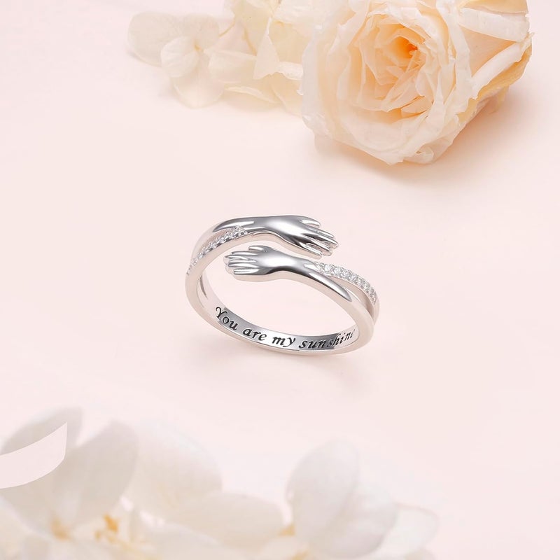 Yearace Hug Ring, S925 Sterling Silver Hug Rings for Women Girl, Hugging Hand Open Promise Ring, Mothers Day Valentine's Day Birthday Gifts - Image 2